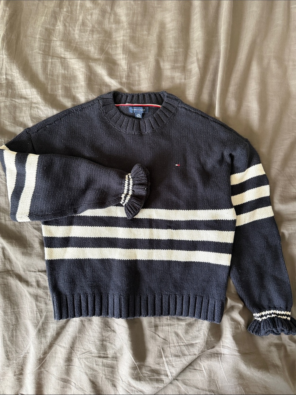 Tommy Hilfiger Navy Crewneck Sweater with White Stripes